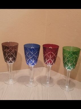 Set of 4  Bohemian Crystal-Cut 9 "Colored Wine Glasses - Brown, Blue, Red, Green